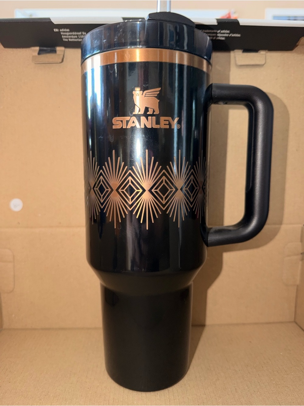 40 oz. Stanley Black Travel Mug with Copper Geometric Accents and Handle